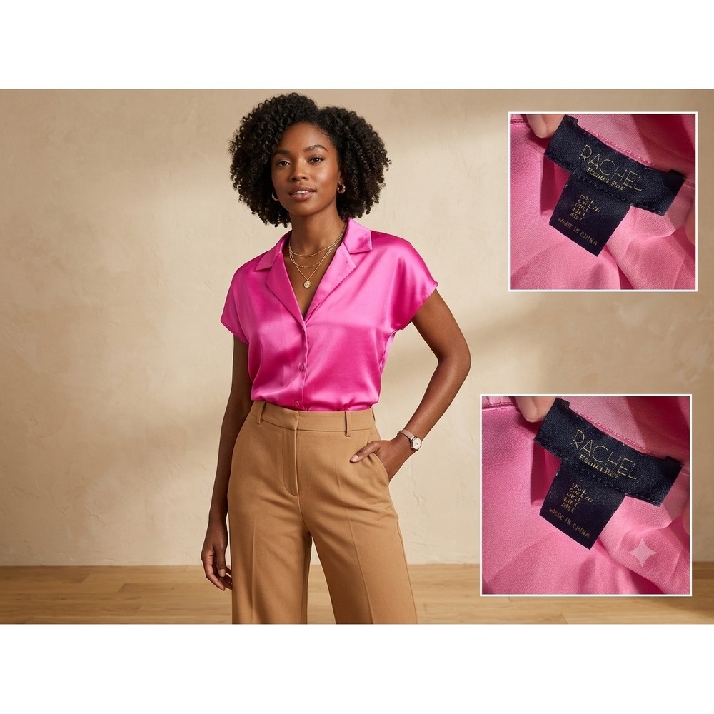 Rachel Rachel Roy Hot Pink Satin Button Down Short Sleeve Blouse Large Fuchsia - Picture 1 of 7